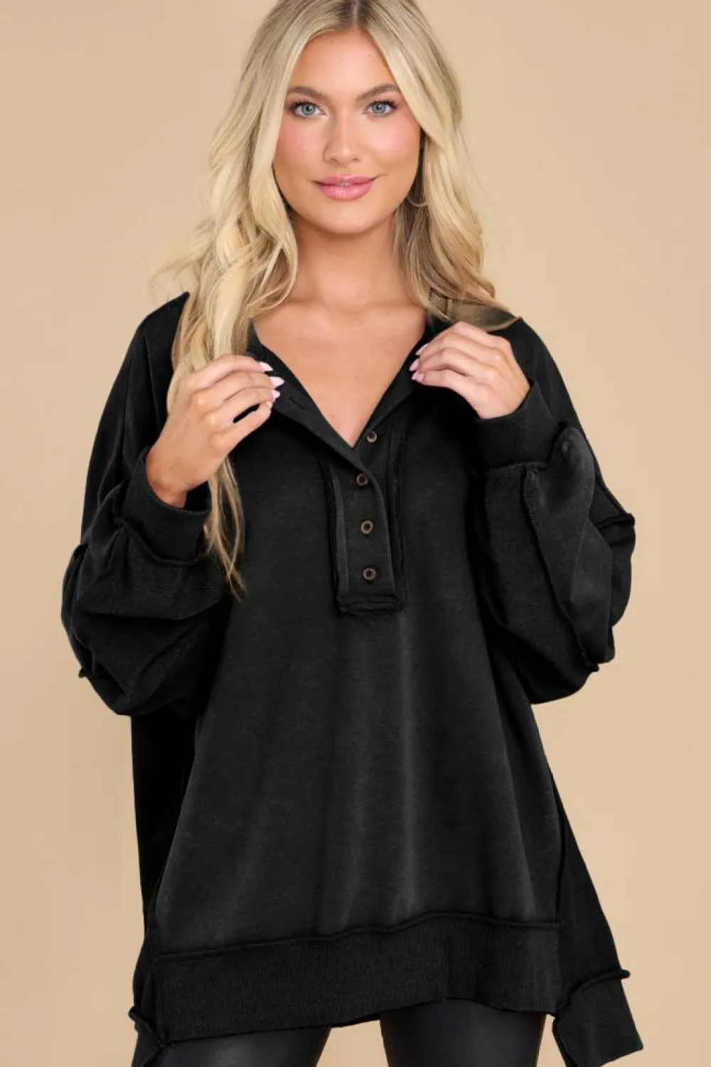 Online Dear-Lover Oversized Exposed Seam Henley Sweatshirt Black