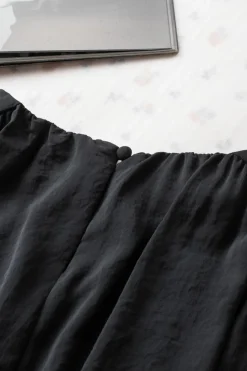 Clearance Dear-Lover Padded Shoulder Buttoned Cuffs Pleated Loose Blouse Black