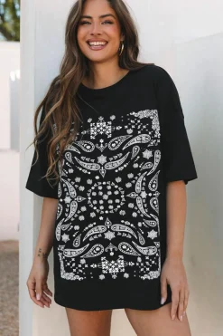 Fashion Dear-Lover Paisley Print Crew Neck Loose Fit Tunic Tee Black