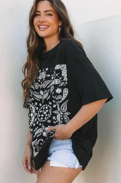 Fashion Dear-Lover Paisley Print Crew Neck Loose Fit Tunic Tee Black