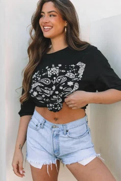 Fashion Dear-Lover Paisley Print Crew Neck Loose Fit Tunic Tee Black