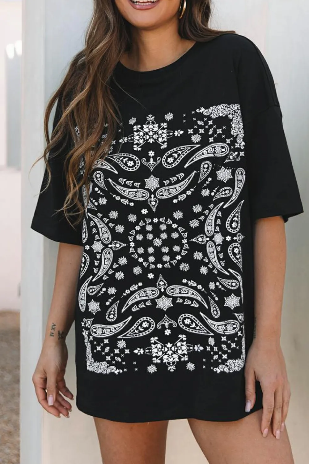 Fashion Dear-Lover Paisley Print Crew Neck Loose Fit Tunic Tee Black