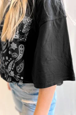 Fashion Dear-Lover Paisley Print Crew Neck Loose Fit Tunic Tee Black