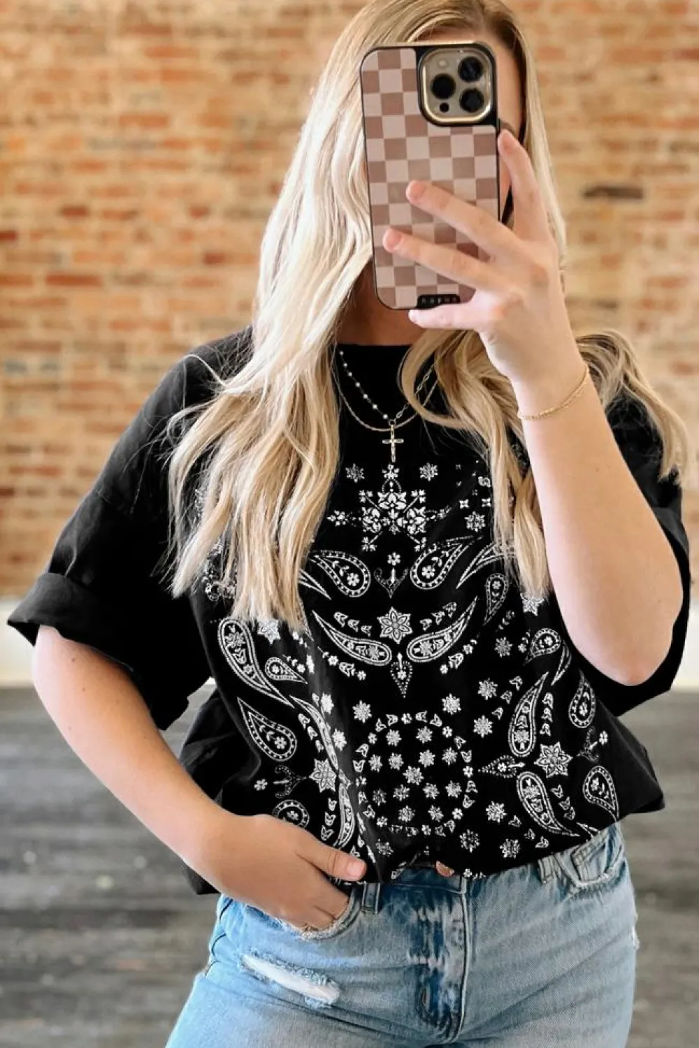 Fashion Dear-Lover Paisley Print Crew Neck Loose Fit Tunic Tee Black