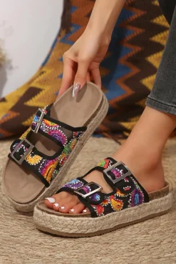 Best Dear-Lover Paisley Print Double-Buckle Wedge Slippers Black