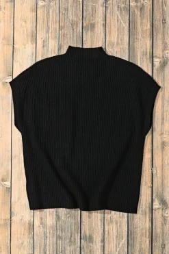 Best Dear-Lover Patch Pocket Ribbed Knit Short Sleeve Sweater Black
