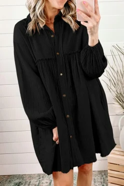 Outlet Dear-Lover Patchwork Crinkle Puff Sleeve Shirt Dress Black
