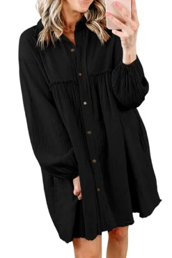 Outlet Dear-Lover Patchwork Crinkle Puff Sleeve Shirt Dress Black