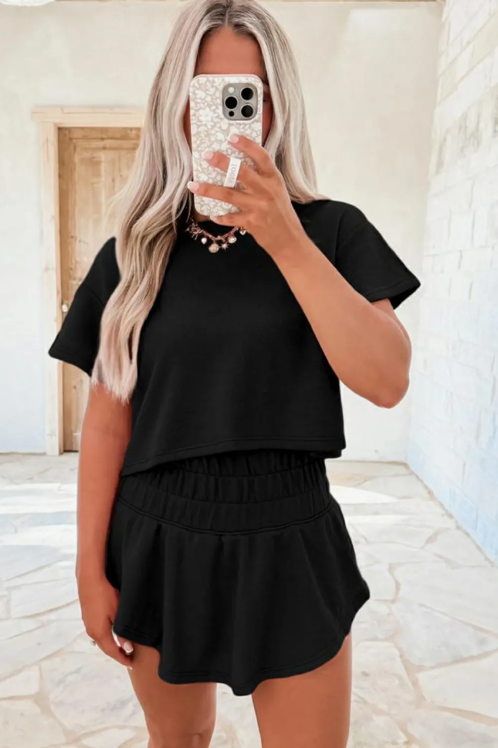 Clearance Dear-Lover 2pcs Cropped Tee and Ruffle High Waist Skort Set Black
