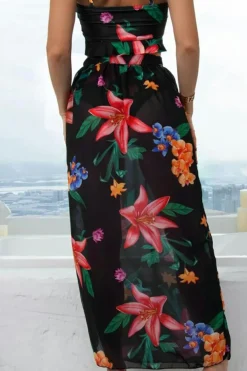 Sale Dear-Lover 3pcs Floral Twist Front Bikini with Cover-up Swimsuit Black