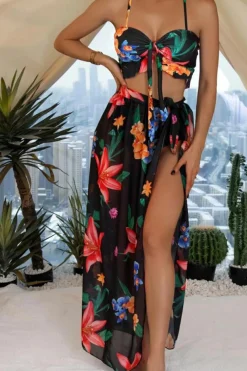 Sale Dear-Lover 3pcs Floral Twist Front Bikini with Cover-up Swimsuit Black