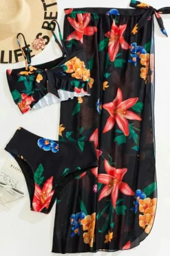 Sale Dear-Lover 3pcs Floral Twist Front Bikini with Cover-up Swimsuit Black