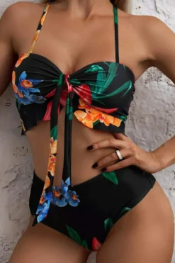 Sale Dear-Lover 3pcs Floral Twist Front Bikini with Cover-up Swimsuit Black