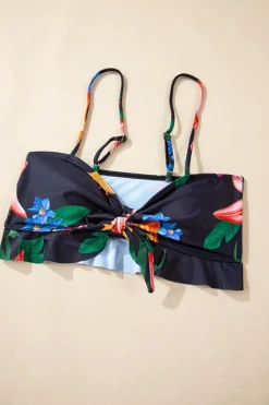 Sale Dear-Lover 3pcs Floral Twist Front Bikini with Cover-up Swimsuit Black