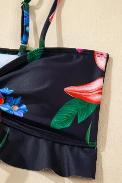 Sale Dear-Lover 3pcs Floral Twist Front Bikini with Cover-up Swimsuit Black