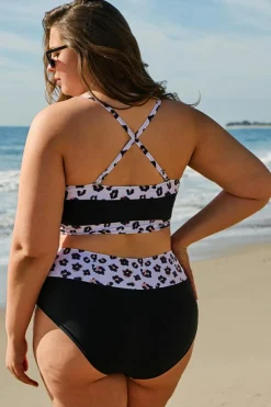 Online Dear-Lover 2pcs Leopard Patchwork Plus Size High Waisted Swimsuit Black