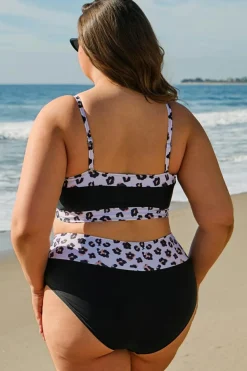 Online Dear-Lover 2pcs Leopard Patchwork Plus Size High Waisted Swimsuit Black