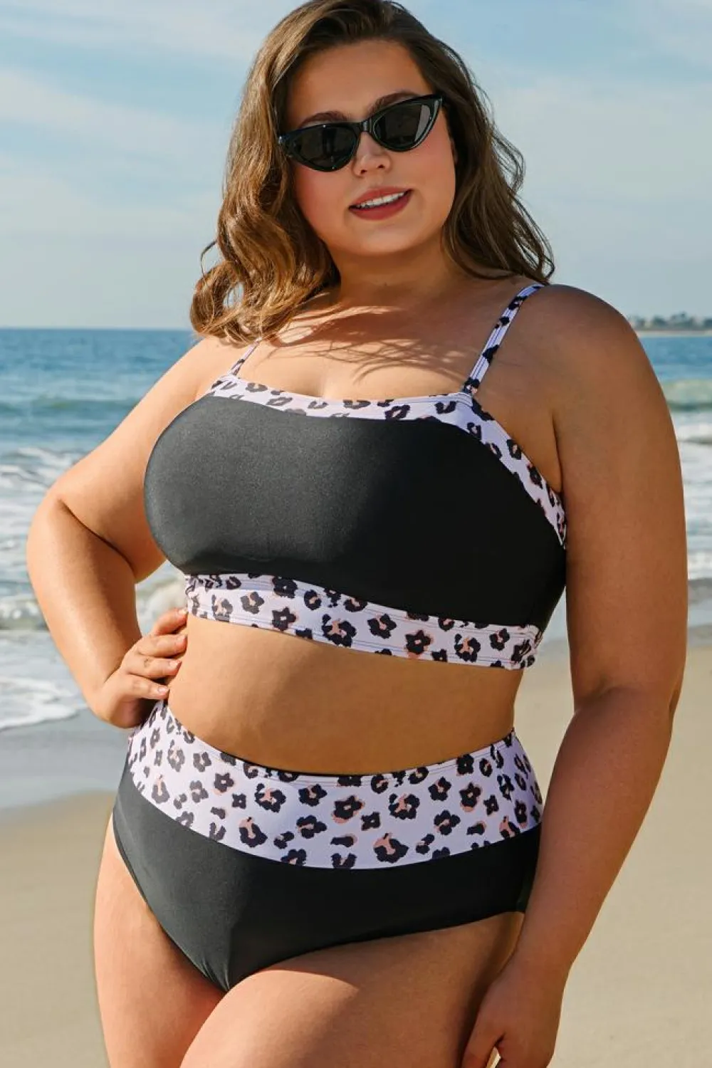 Online Dear-Lover 2pcs Leopard Patchwork Plus Size High Waisted Swimsuit Black