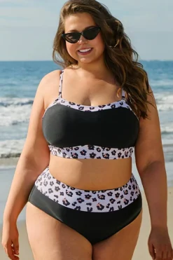 Online Dear-Lover 2pcs Leopard Patchwork Plus Size High Waisted Swimsuit Black