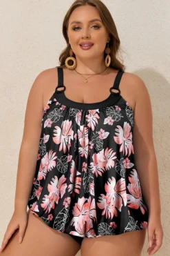 Hot Dear-Lover 2pcs Plus Size Wide Strap Floral Top Tankini Set Black