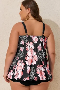 Hot Dear-Lover 2pcs Plus Size Wide Strap Floral Top Tankini Set Black