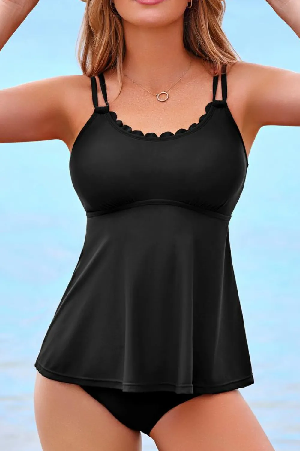 New Dear-Lover 2pcs Solid Color Spaghetti Straps Tankini Set Black