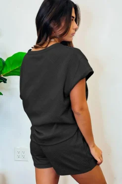 Hot Dear-Lover 2pcs Solid Textured Drawstring Shorts Set Black