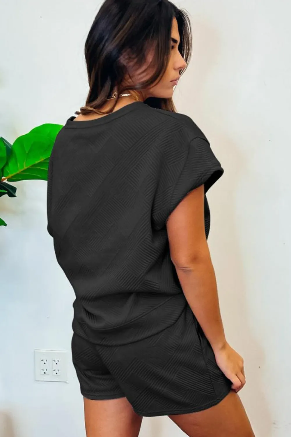 Hot Dear-Lover 2pcs Solid Textured Drawstring Shorts Set Black