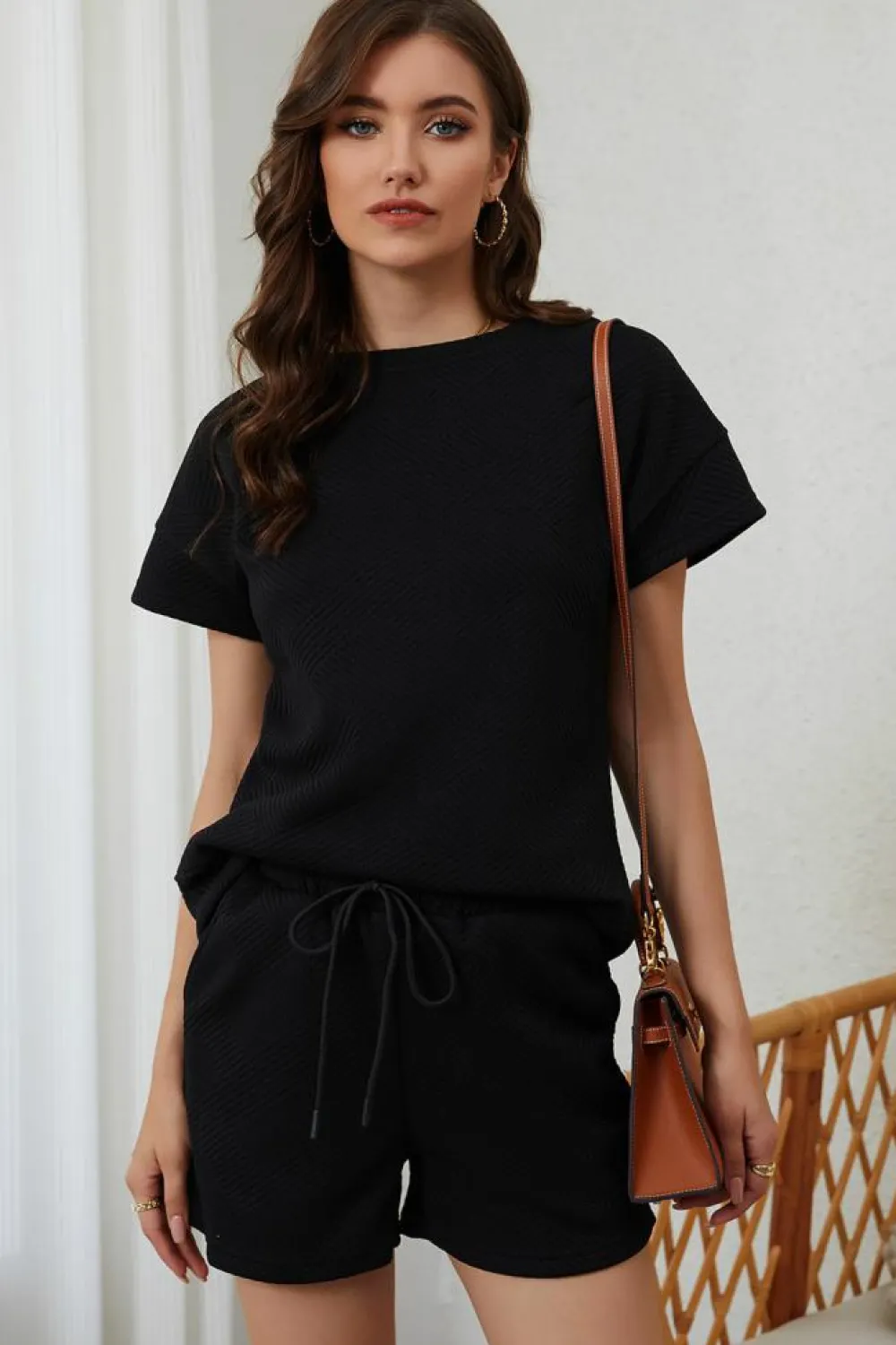 Hot Dear-Lover 2pcs Solid Textured Drawstring Shorts Set Black
