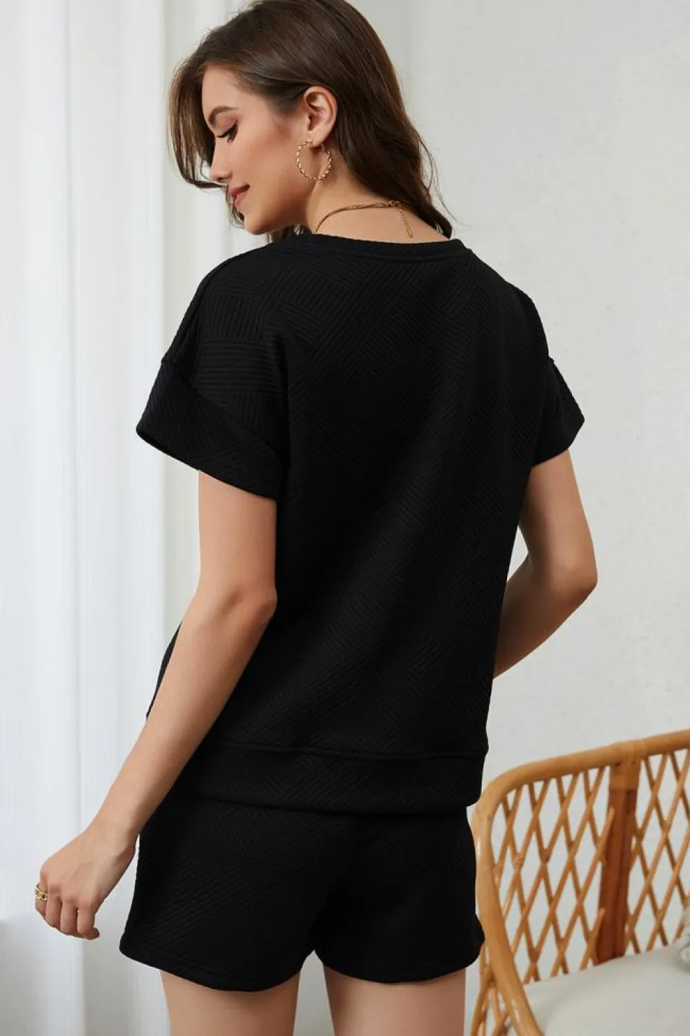 Hot Dear-Lover 2pcs Solid Textured Drawstring Shorts Set Black