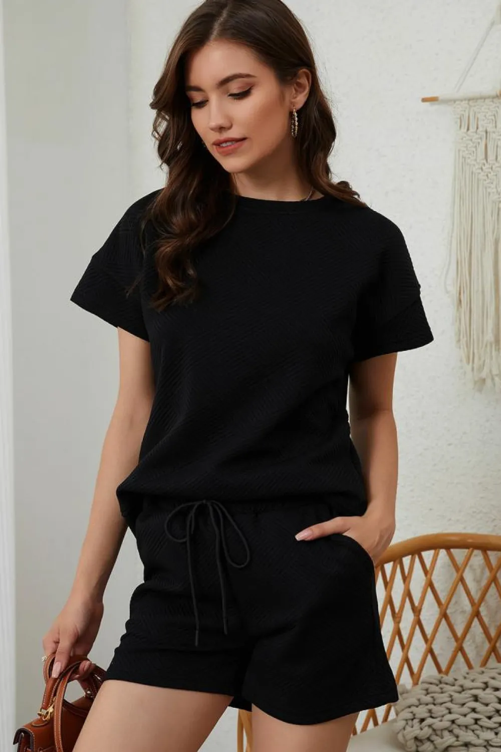 Hot Dear-Lover 2pcs Solid Textured Drawstring Shorts Set Black
