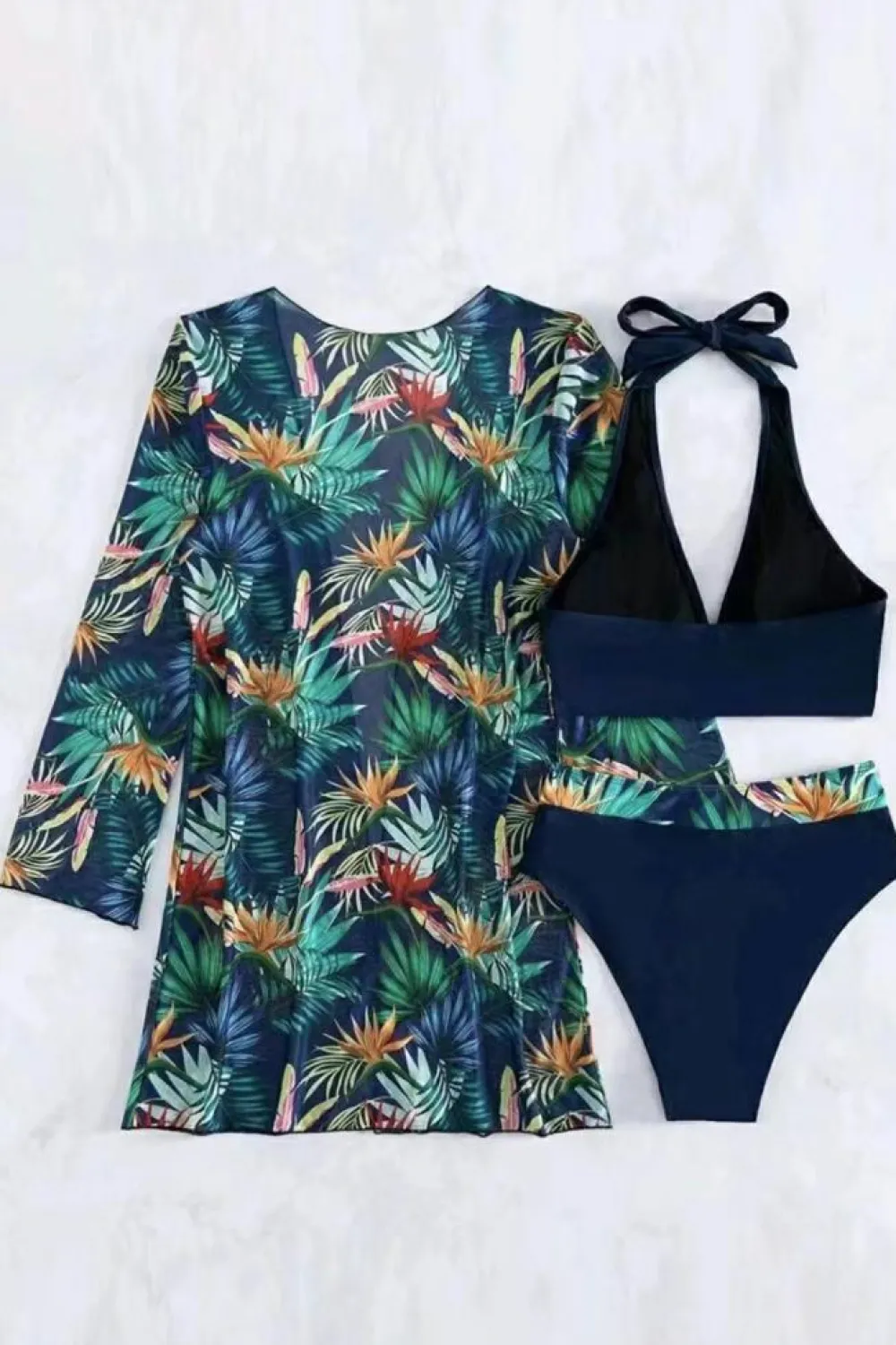 Fashion Dear-Lover 3pcs Tropical Contrast Trim Halter Bikini Set with Cover up Black