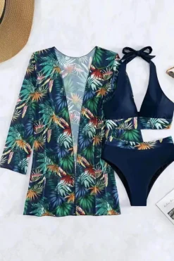 Fashion Dear-Lover 3pcs Tropical Contrast Trim Halter Bikini Set with Cover up Black