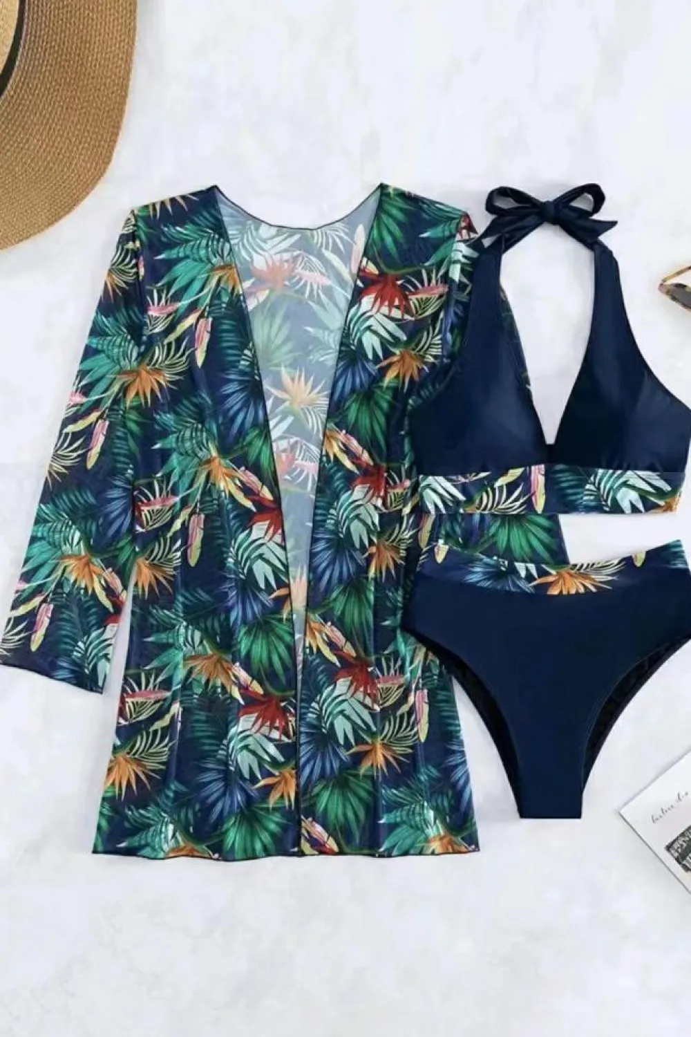 Fashion Dear-Lover 3pcs Tropical Contrast Trim Halter Bikini Set with Cover up Black