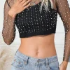 Discount Dear-Lover Pearl and Rhinestone Detail Sheer Mesh Top Black