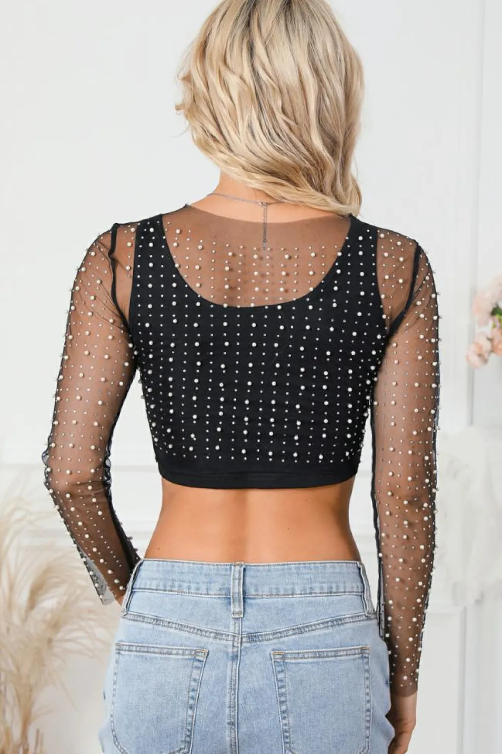 Discount Dear-Lover Pearl and Rhinestone Detail Sheer Mesh Top Black