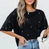 Discount Dear-Lover Pearl Beaded  Drop Shoulder Crewneck T Shirt Black