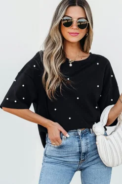 Discount Dear-Lover Pearl Beaded  Drop Shoulder Crewneck T Shirt Black