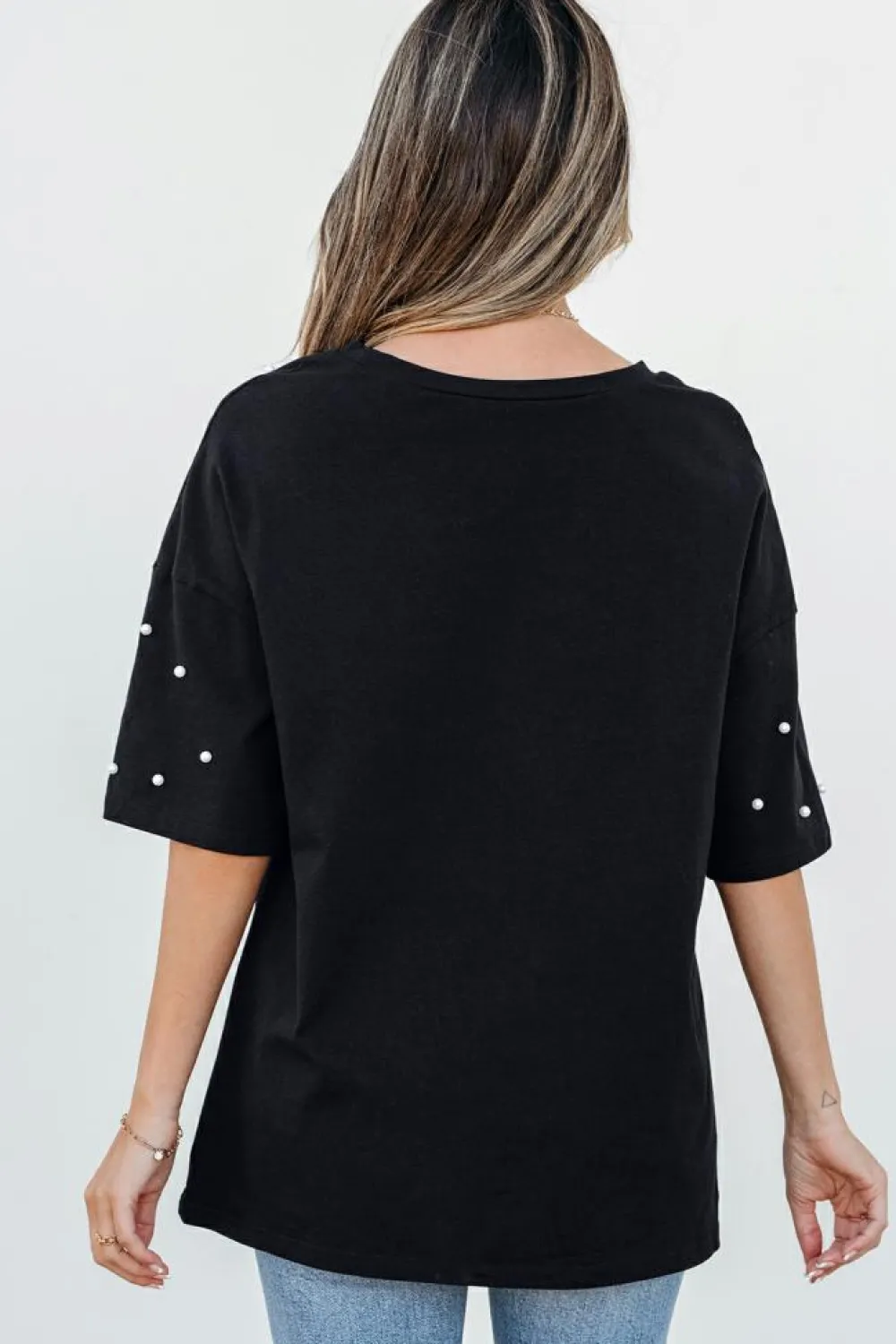 Discount Dear-Lover Pearl Beaded Drop Shoulder Crewneck T Shirt Black