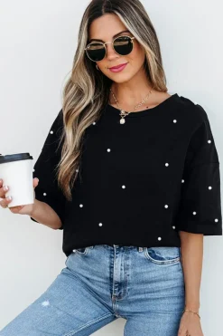 Discount Dear-Lover Pearl Beaded Drop Shoulder Crewneck T Shirt Black