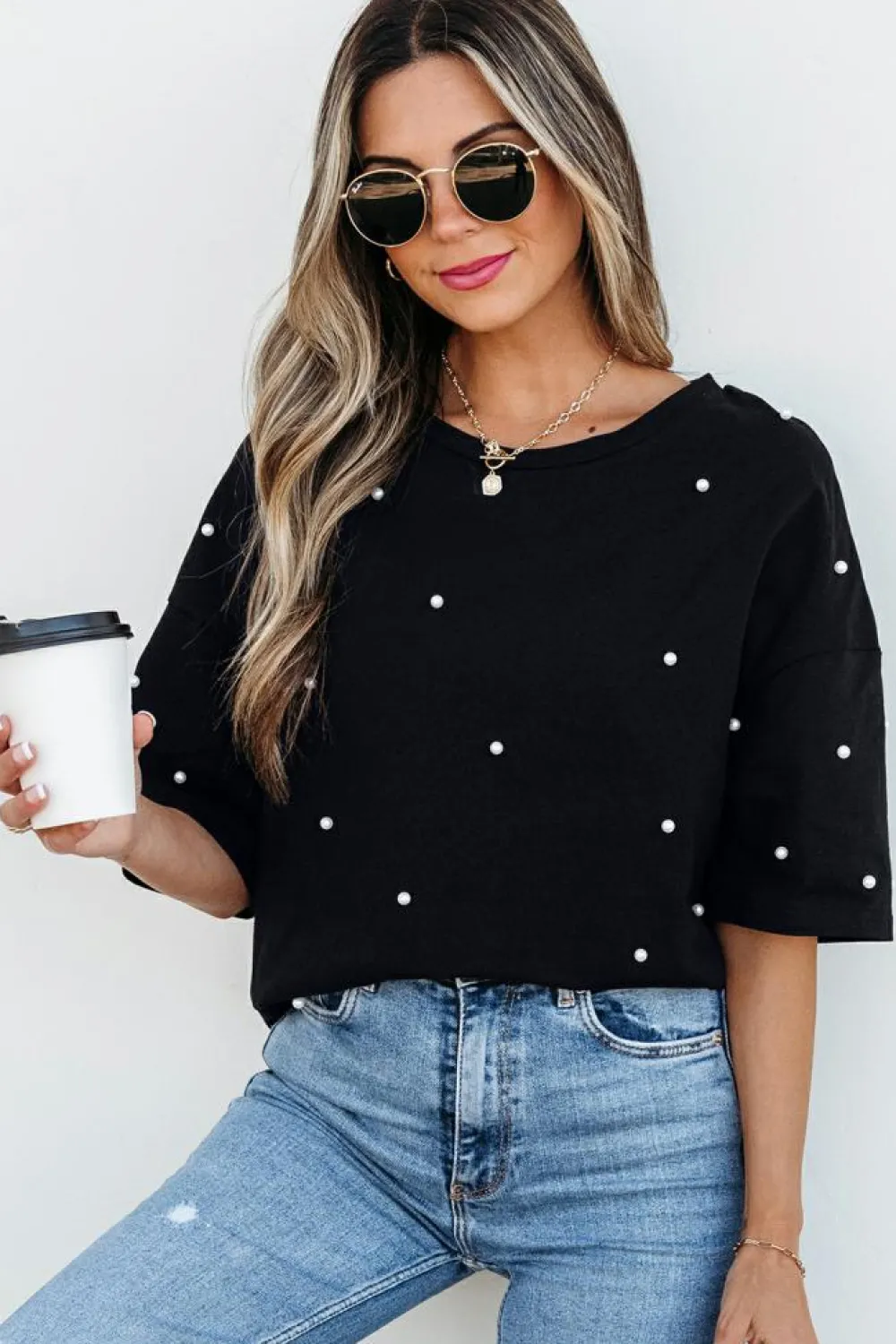 Discount Dear-Lover Pearl Beaded Drop Shoulder Crewneck T Shirt Black