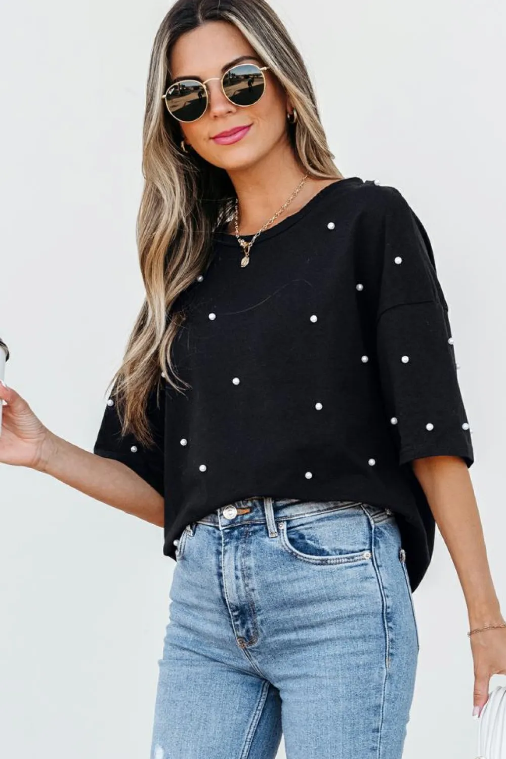 Discount Dear-Lover Pearl Beaded Drop Shoulder Crewneck T Shirt Black