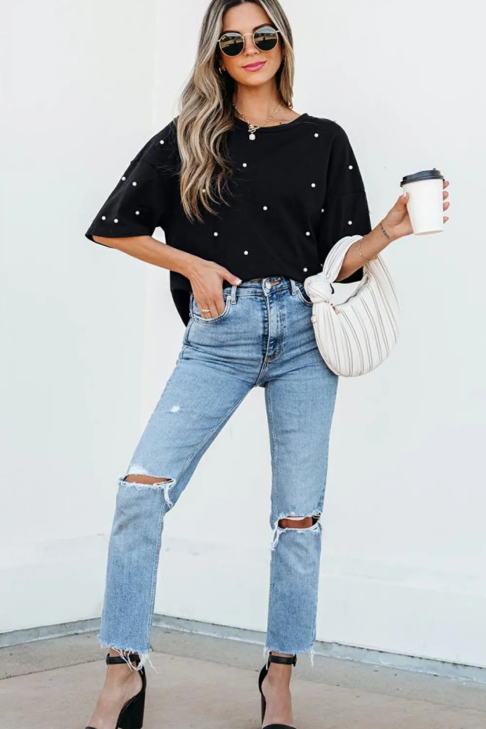 Discount Dear-Lover Pearl Beaded Drop Shoulder Crewneck T Shirt Black