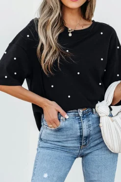 Discount Dear-Lover Pearl Beaded Drop Shoulder Crewneck T Shirt Black