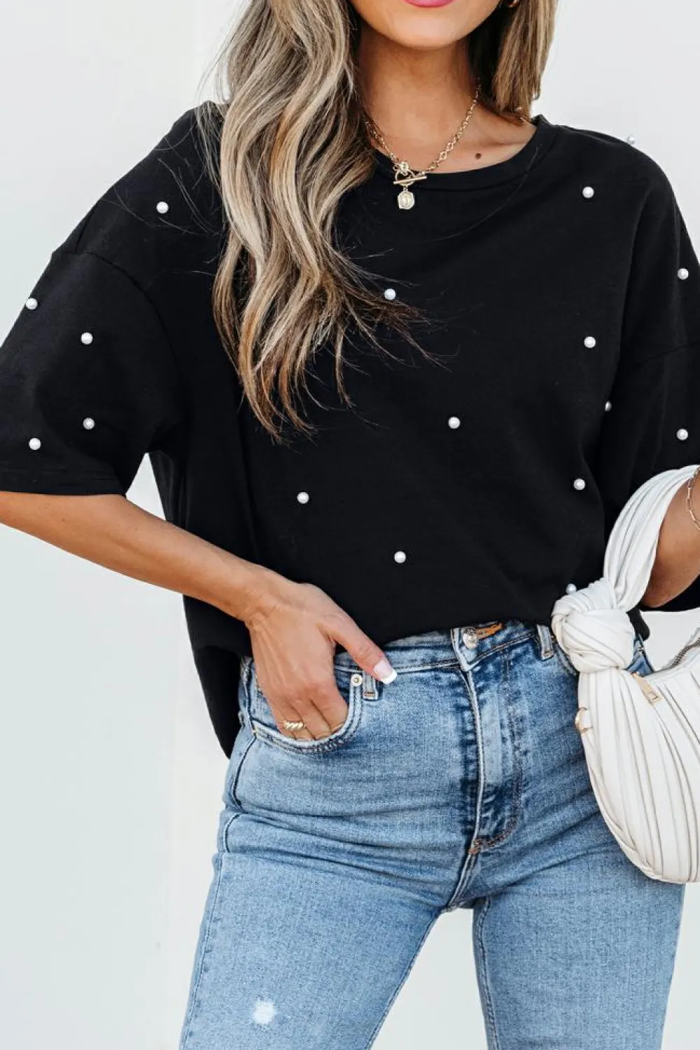 Discount Dear-Lover Pearl Beaded Drop Shoulder Crewneck T Shirt Black