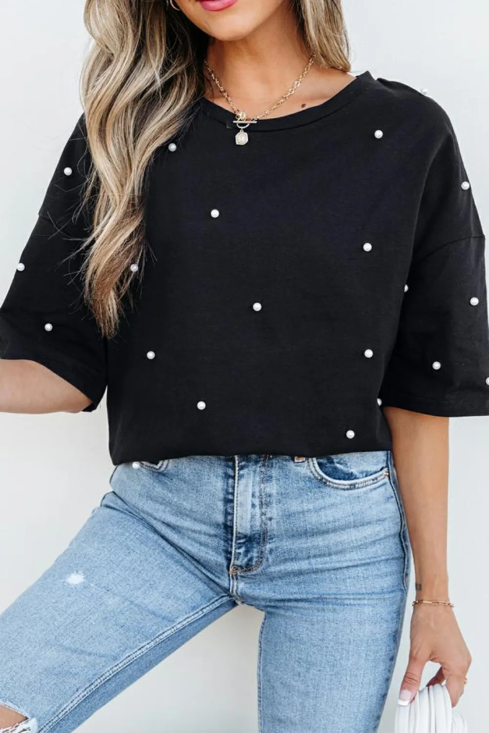 Discount Dear-Lover Pearl Beaded Drop Shoulder Crewneck T Shirt Black