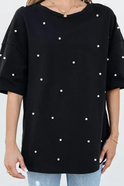 Discount Dear-Lover Pearl Beaded Drop Shoulder Crewneck T Shirt Black