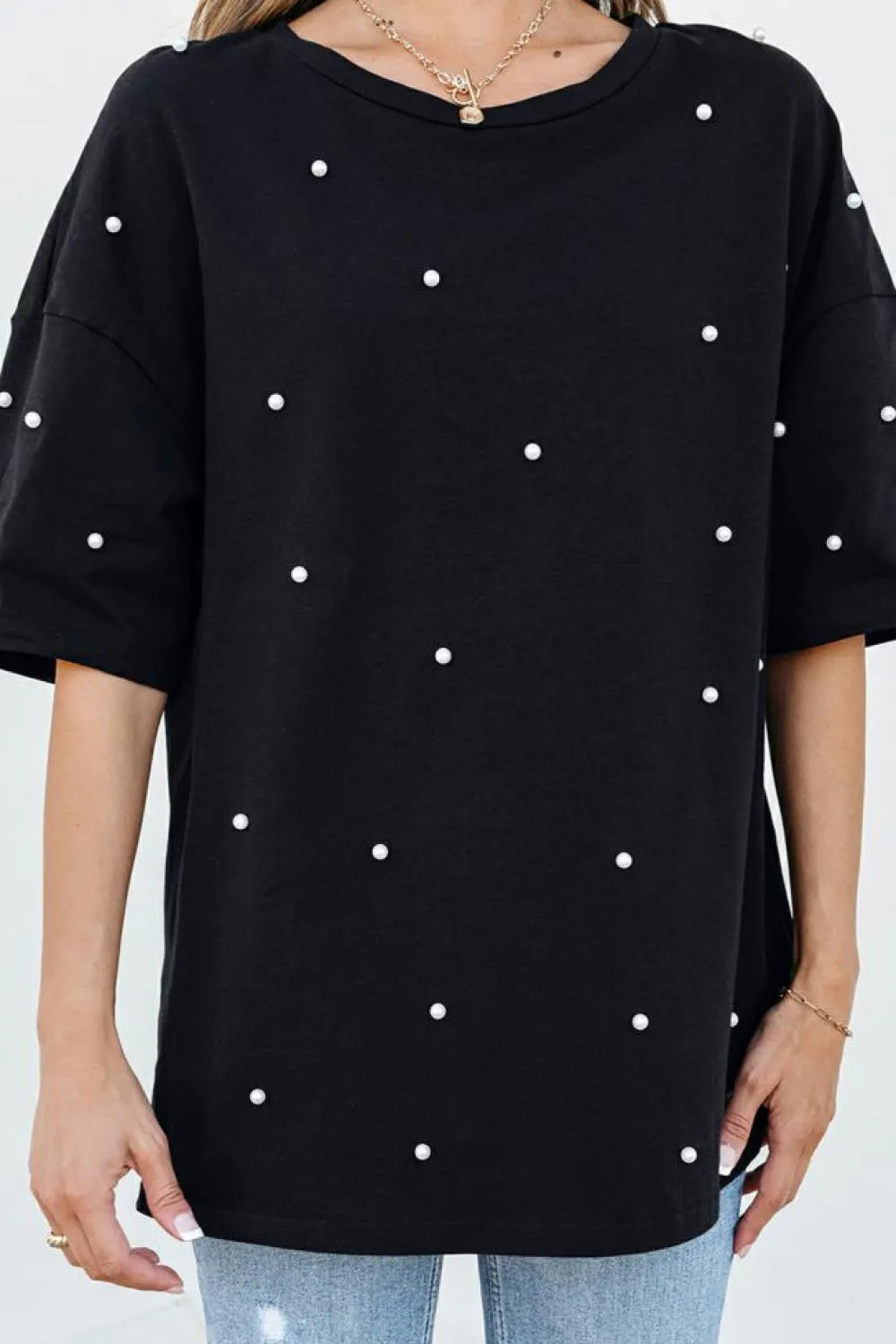 Discount Dear-Lover Pearl Beaded Drop Shoulder Crewneck T Shirt Black