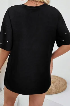Discount Dear-Lover Pearl Beaded Drop Shoulder Crewneck T Shirt Black