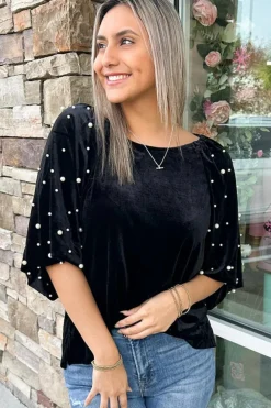 Clearance Dear-Lover Pearl Beaded Half Sleeve Velvet Top Black